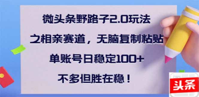 微头条野路子2.0玩法之相亲赛道，无脑搬砖复制粘贴，单账号日稳定300+…-彼飞网创