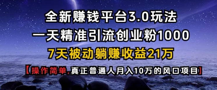 全新赚钱平台3.0玩法一天精准引流创业粉1000.7天被动躺Z收益21W【仅揭秘】-彼飞网创
