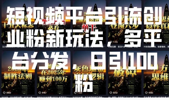 短视频平台引流创业粉新玩法，多平台分发，日引100粉-彼飞网创