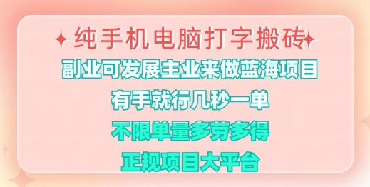 纯手机电脑打字搬砖，有手就行，几秒一单，多劳多得，正规项目大平台【揭秘】-彼飞网创