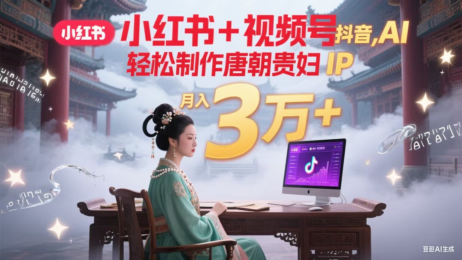 小红书+视频号+抖音，AI轻松制作唐朝贵妇IP，毒鸡汤、励志、减肥瘦身、养生赛道轻松切入，每天30分钟，轻松产出N条，月入3万+-彼飞网创