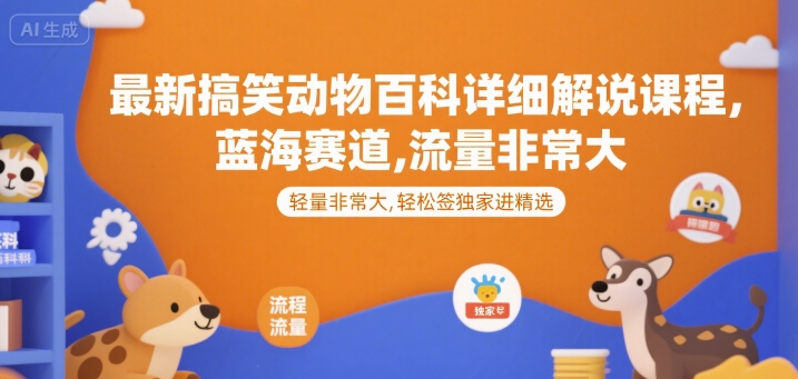 最新搞笑动物百科详细解说课程，蓝海赛道，流量非常大，轻松签独家进精选-彼飞网创