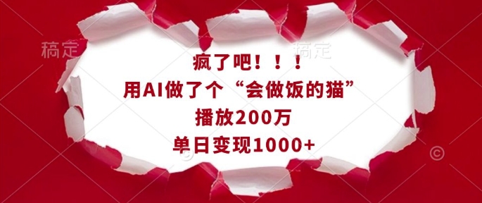疯了吧！用AI做了个“会做饭的猫”，播放200万，单日变现1k-彼飞网创