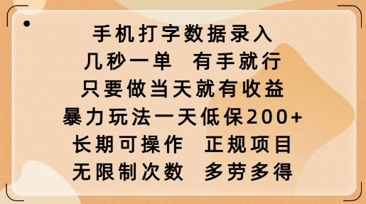 手机打字数据录入，几秒一单，有手就行，只要做当天就有收益，暴力玩法一天低保2张-彼飞网创