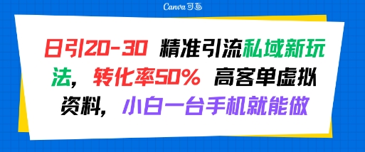 日引 20-30 精准引流私域新玩法，转化率50% 高客单虚拟资料，小白一台手机就能做-彼飞网创