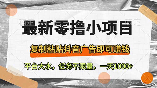 最新零撸小项目，复制粘贴抖音广告即可赚钱，平台大水，任务不限量，一…-彼飞网创