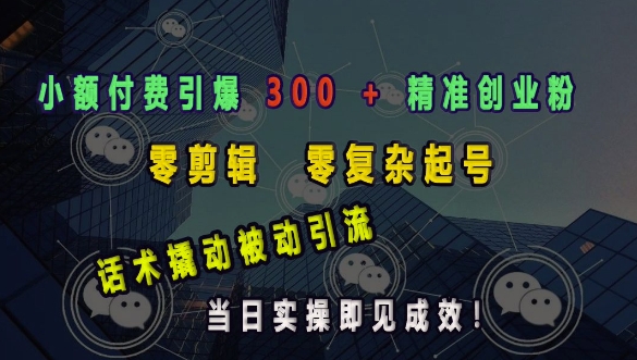 小额付费引爆 300 + 精准创业粉，零剪辑、零复杂起号，话术撬动被动引流，当日实操即见成效-彼飞网创