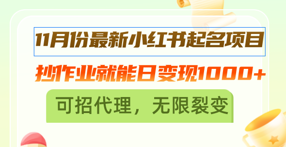 11月份最新小红书起名项目，抄作业就能日变现1000+，可招代理，无限裂变-彼飞网创