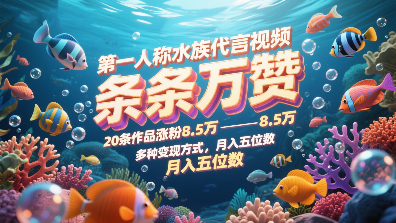 第一人称水族代言视频，条条万赞，20条作品涨粉8.5万，多种变现方式月，入五位数-彼飞网创