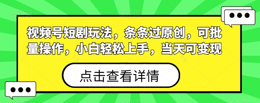 视频号短剧玩法，条条过原创，可批量操作，小白轻松上手，当天可变现-彼飞网创