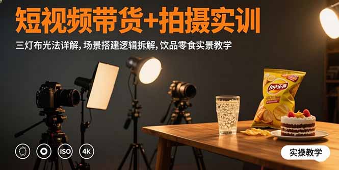 短视频带货+拍摄实训：三灯布光法详解,场景搭建逻辑拆解,饮品零食实景教学-彼飞网创