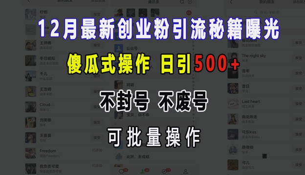12月最新创业粉引流秘籍曝光 傻瓜式操作 日引500+ 不封号 不废号 可批量操作【揭秘】-彼飞网创