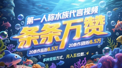 第一人称水族代言视频，条条万赞，20条作品涨粉7.8W，多种变现方式月入五位数-彼飞网创